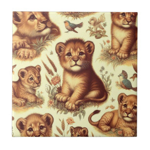 Vintage Cute Baby Lion Pattern Tile