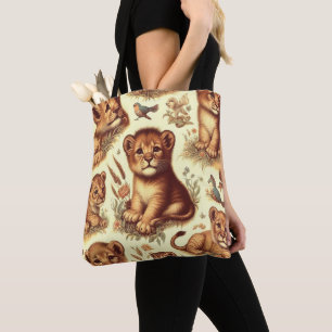 Vintage Cute Baby Lion Pattern Tote Bag