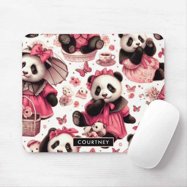 Vintage Cute Baby Panda Seamless Mouse Mat (With Mouse)