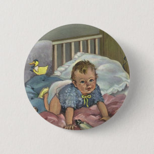 Vintage Cute Baby Playing in Crib, Child Nap Time 6 Cm Round Badge