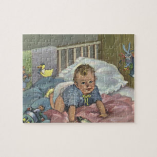 Vintage Cute Baby Playing in Crib, Child Nap Time Jigsaw Puzzle