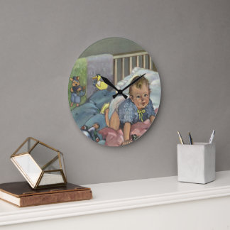 Vintage Cute Baby Playing in Crib, Child Nap Time Large Clock