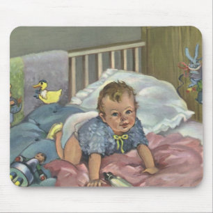 Vintage Cute Baby Playing in Crib, Child Nap Time Mouse Mat