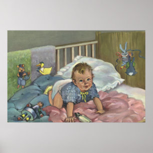 Vintage Cute Baby Playing in Crib, Child Nap Time Poster