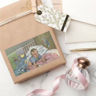 Vintage Cute Baby Playing in Crib, Child Nap Time Rectangular Sticker