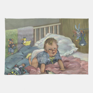 Vintage Cute Baby Playing in Crib, Child Nap Time Tea Towel