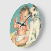 Vintage Cute Baby Talking on Phone Puppy Dog Large Clock (Angle)