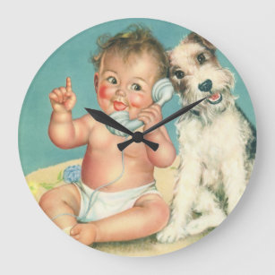 Vintage Cute Baby Talking on Phone Puppy Dog Large Clock