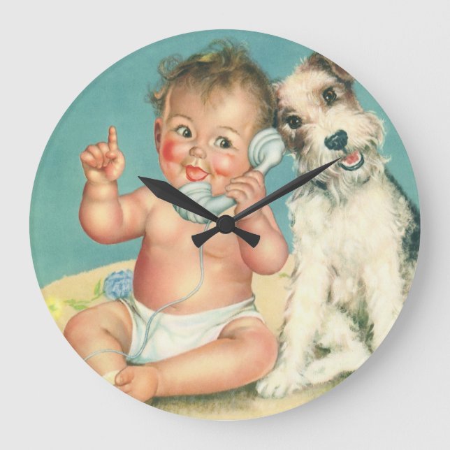 Vintage Cute Baby Talking on Phone Puppy Dog Large Clock (Front)