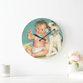 Vintage Cute Baby Talking on Phone Puppy Dog Large Clock (Home)