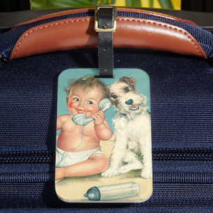 Vintage Cute Baby Talking on Phone Puppy Dog Luggage Tag