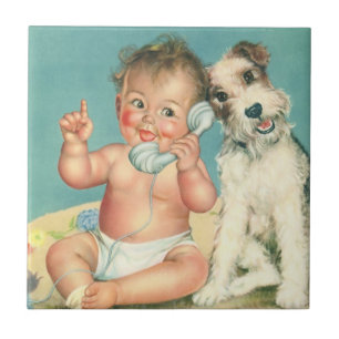 Vintage Cute Baby Talking on Phone Puppy Dog Tile
