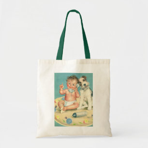 Vintage Cute Baby Talking on Phone Puppy Dog Tote Bag
