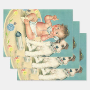 Vintage Cute Baby Talking on Phone Puppy Dog Wrapping Paper Sheet