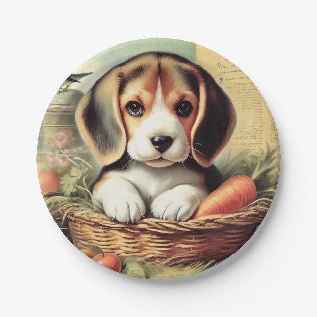Vintage Cute Beagle Puppy Paper Plate (Front)