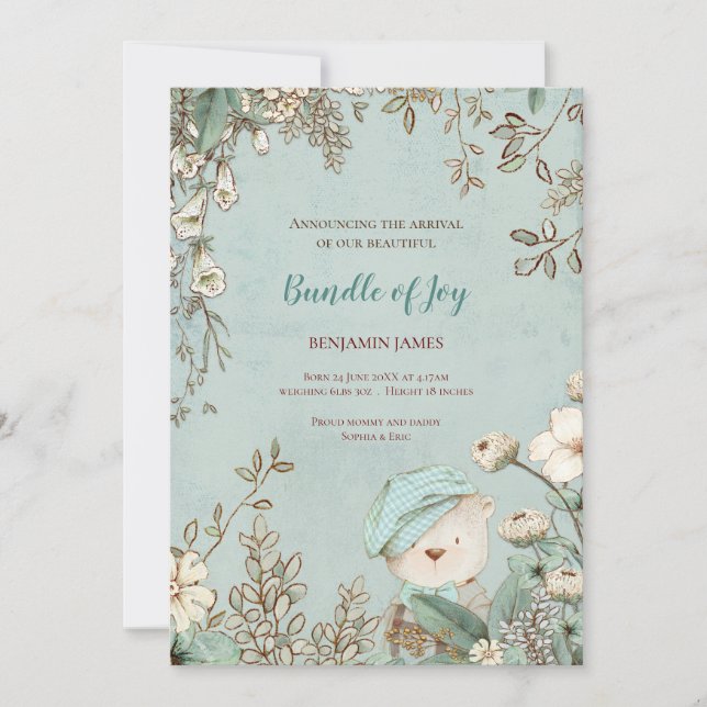 Vintage Cute Bear Photo Botanical Baby Birth Announcement (Front)
