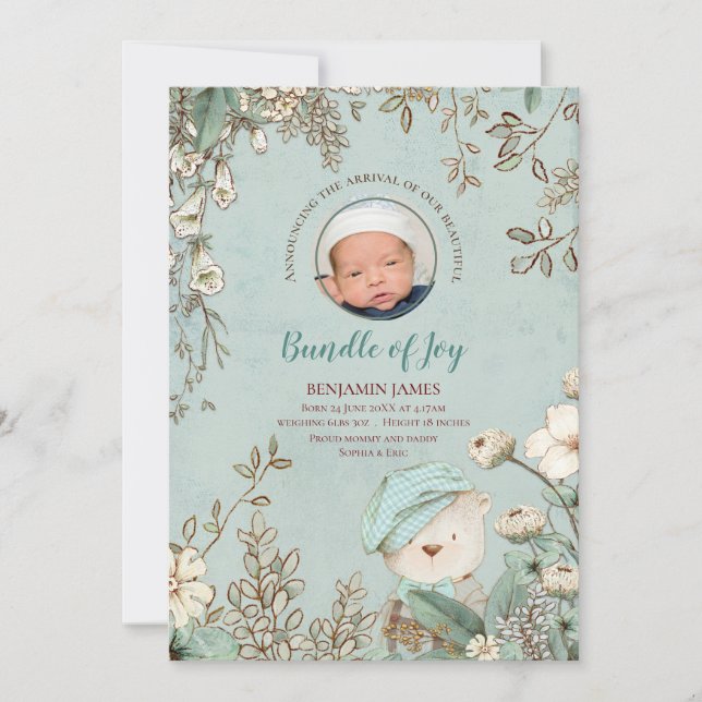 Vintage Cute Bear Photo Botanical Birth Announcement (Front)