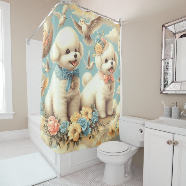 Vintage Cute Bichon Frisé Illustration Shower Curtain (In Situ)