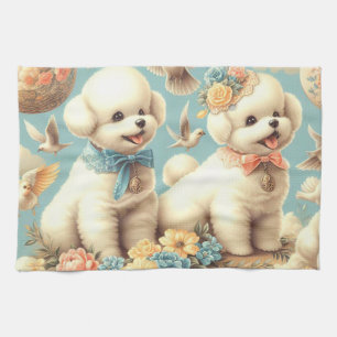 Vintage Cute Bichon Frisé Illustration Tea Towel