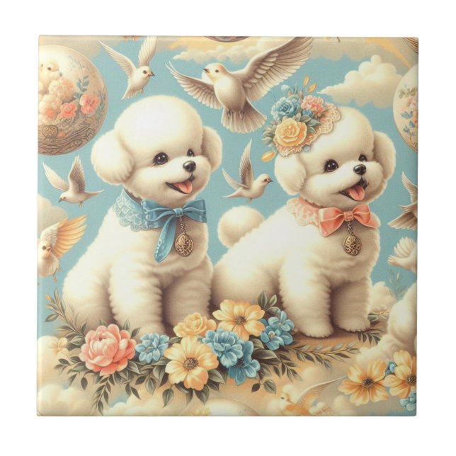 Vintage Cute Bichon Frisé Illustration Tile (Front)