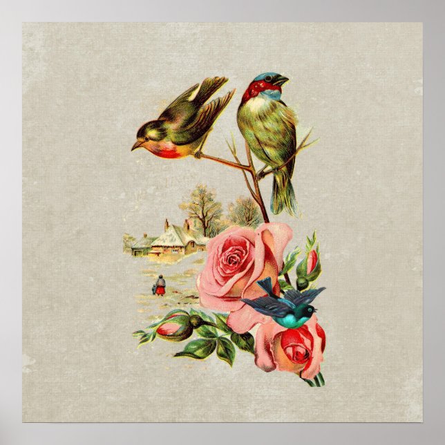 Vintage Cute Birds & Roses Landscape Painting Poster (Front)