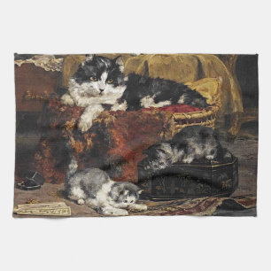 Vintage Cute Black And White Cat With Kittens Tea Towel