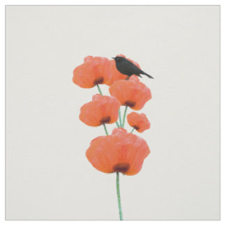 Vintage cute black bird orange poppy flowers fabric