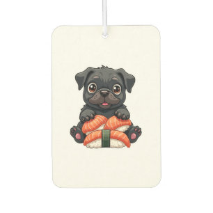 Vintage Cute Black Pug Sushi Cartoon Vector Illust Car Air Freshener
