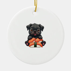 Vintage Cute Black Pug Sushi Cartoon Vector Illust Ceramic Tree Decoration