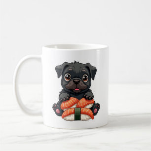 Vintage Cute Black Pug Sushi Cartoon Vector Illust Coffee Mug