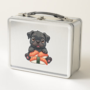 Vintage Cute Black Pug Sushi Cartoon Vector Illust Metal Lunch Box