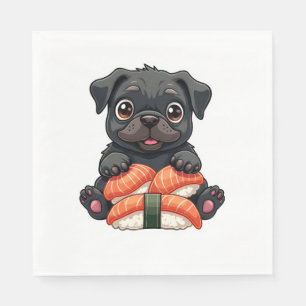 Vintage Cute Black Pug Sushi Cartoon Vector Illust Napkin