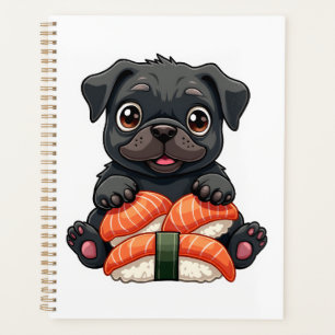 Vintage Cute Black Pug Sushi Cartoon Vector Illust Planner