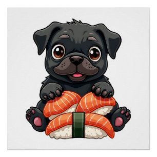 Vintage Cute Black Pug Sushi Cartoon Vector Illust Poster