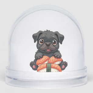 Vintage Cute Black Pug Sushi Cartoon Vector Illust Snowglobe