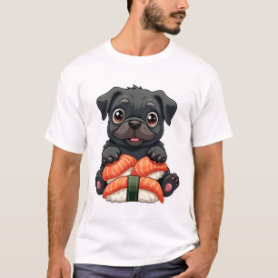 Vintage Cute Black Pug Sushi Cartoon Vector Illust T-Shirt