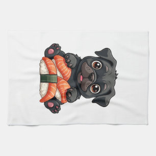 Vintage Cute Black Pug Sushi Cartoon Vector Illust Tea Towel