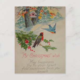 Vintage Cute blue and red winter birds Postcard