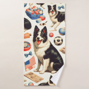 Vintage Cute Border Collie Illustration Bath Towel