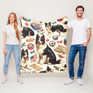 Vintage Cute Border Collie Illustration Fleece Blanket