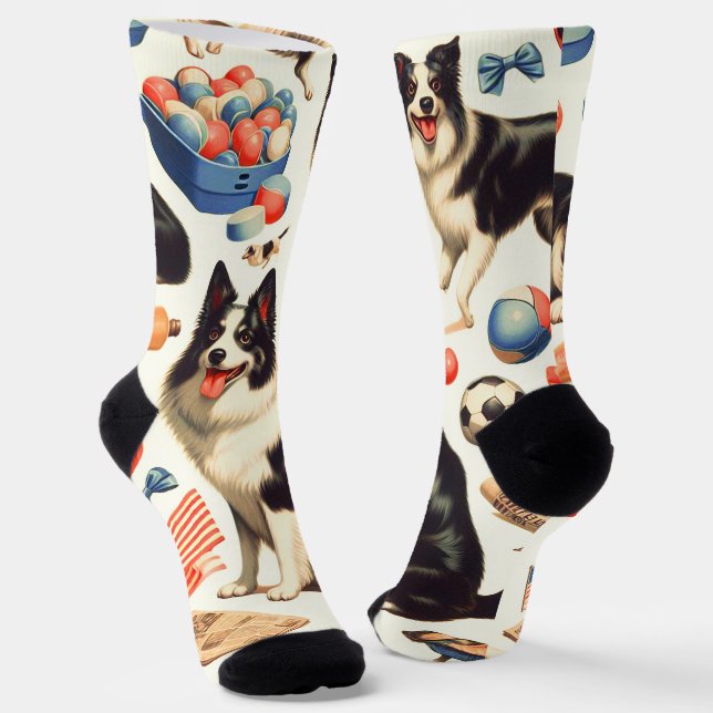 Vintage Cute Border Collie Illustration Socks (Angled)