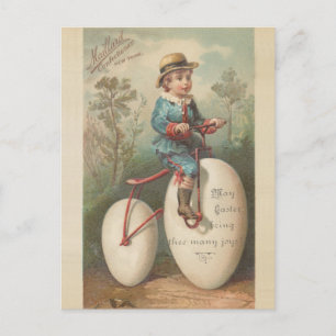 Vintage cute boy egg bicycle easter blessing   holiday postcard
