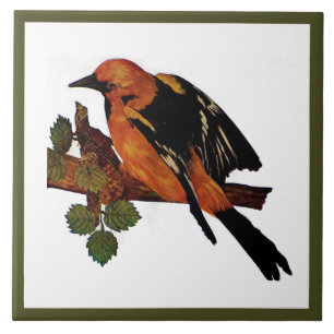 Vintage Cute Bright Colourful Bird and Foliage Tile
