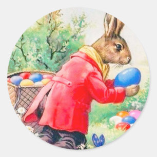 Vintage Cute Bunny and Colourful Easter Eggs Classic Round Sticker