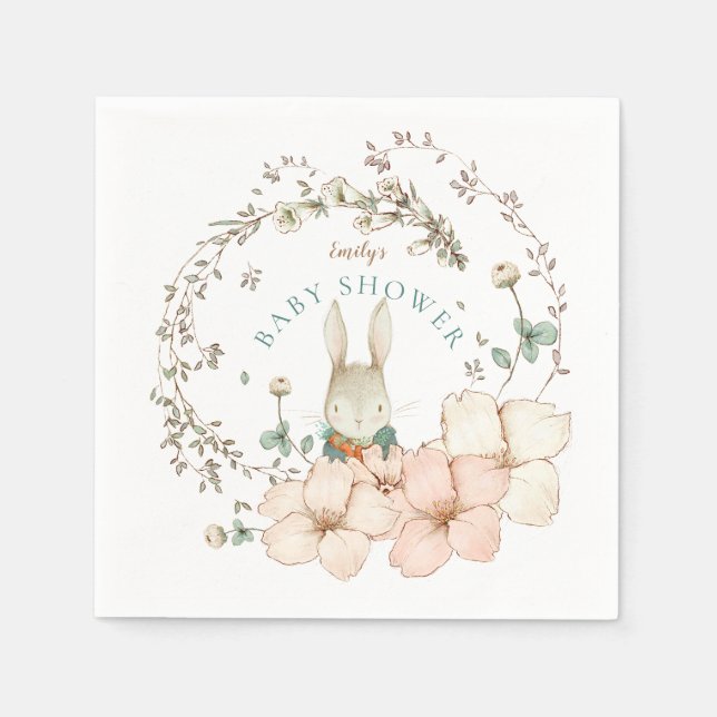 Vintage Cute Bunny Botanical Boy Baby Shower Napkin (Front)