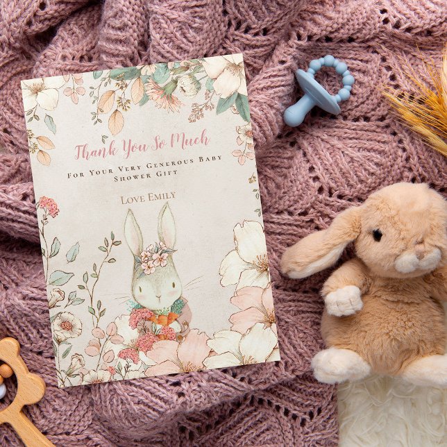 Vintage Cute Bunny Botanical Pink Girl Baby Shower Thank You Card (Creator Uploaded)