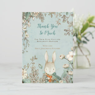 Vintage Cute Bunny Floral Green Baptism Thank You Card