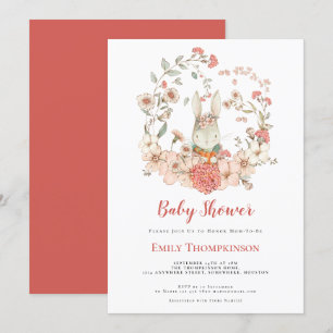Vintage Cute Bunny Foliage coral Baby Shower Invitation