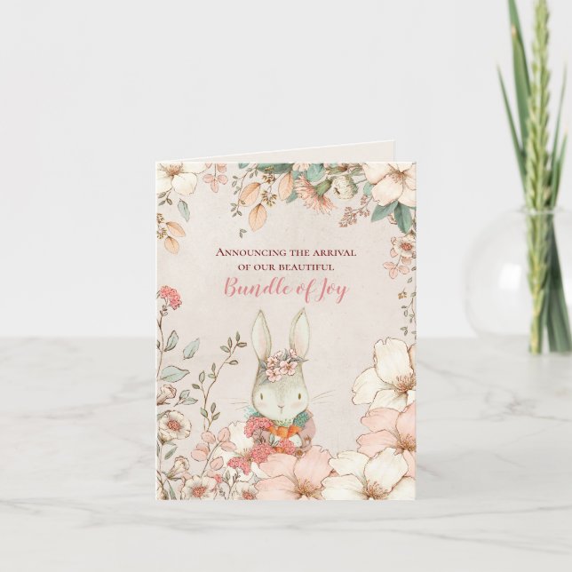 Vintage Cute Bunny Photo Florals Girl Cream Birth Announcement