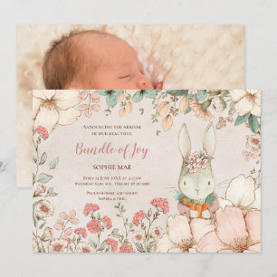 Vintage Cute Bunny Photo Flowers Baby Girl Birth Announcement